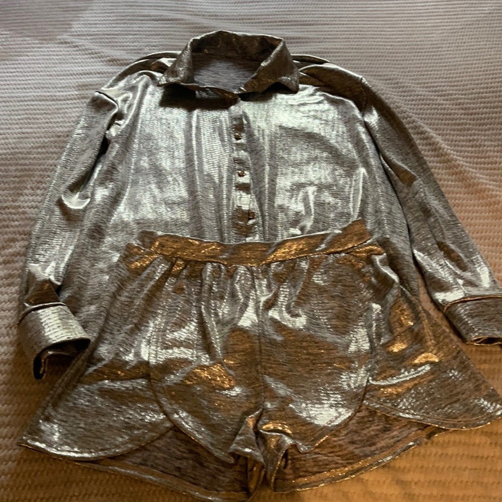Two piece shirt and short set in silver metallic
